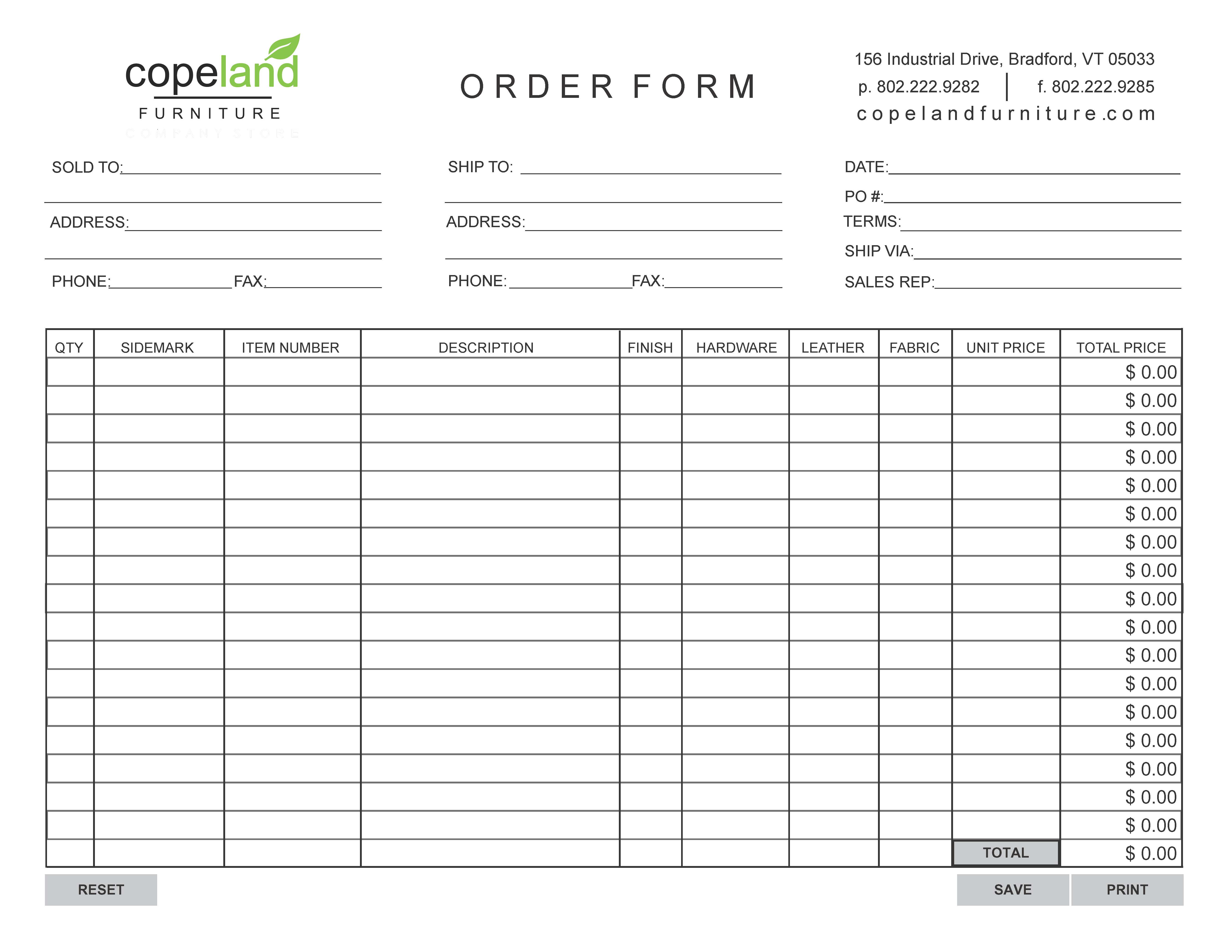 Copeland Furniture Order Form